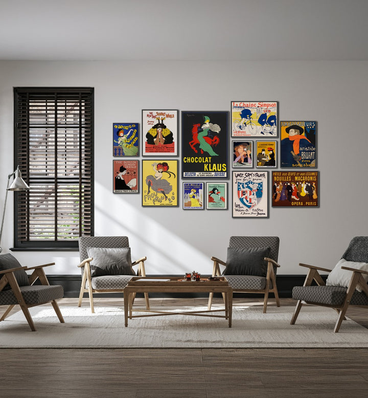 VINTAGE ERA GALLERY WALL showcasing Art Nouveau prints, perfect for modern gallery walls in any living room.