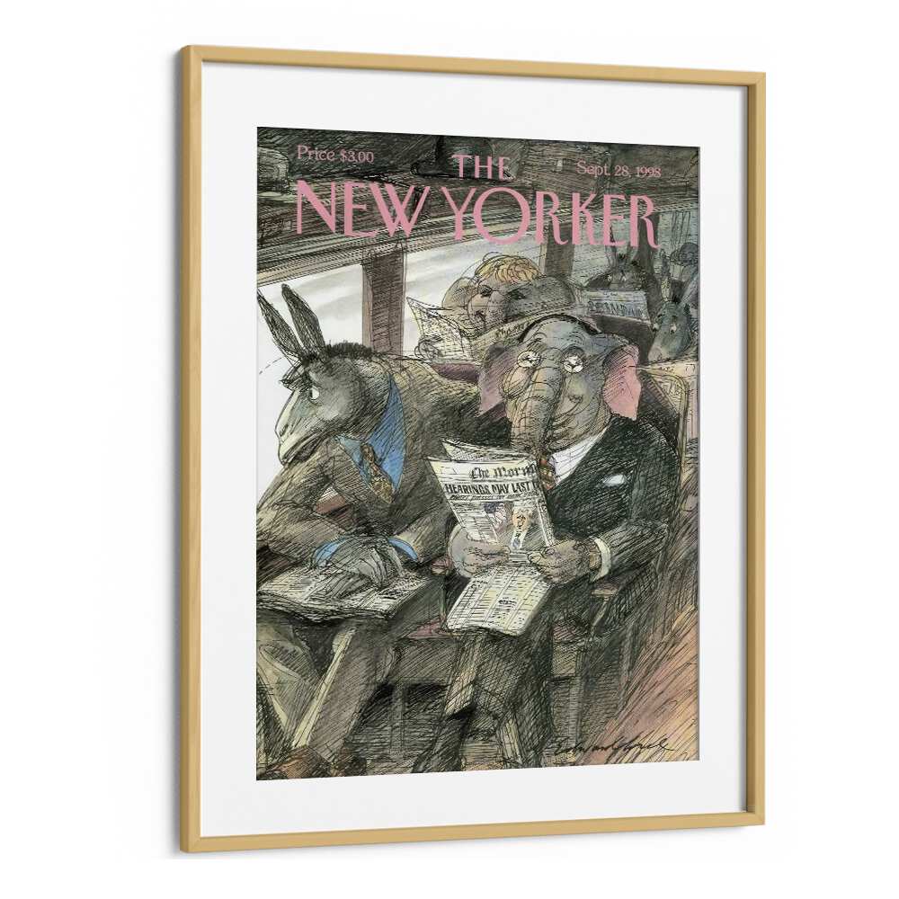 Vintage Cover By Edward Sorel - New Yorker Magazine 28 Sep 1998 Artwork in Oak Wood Frame With Mount