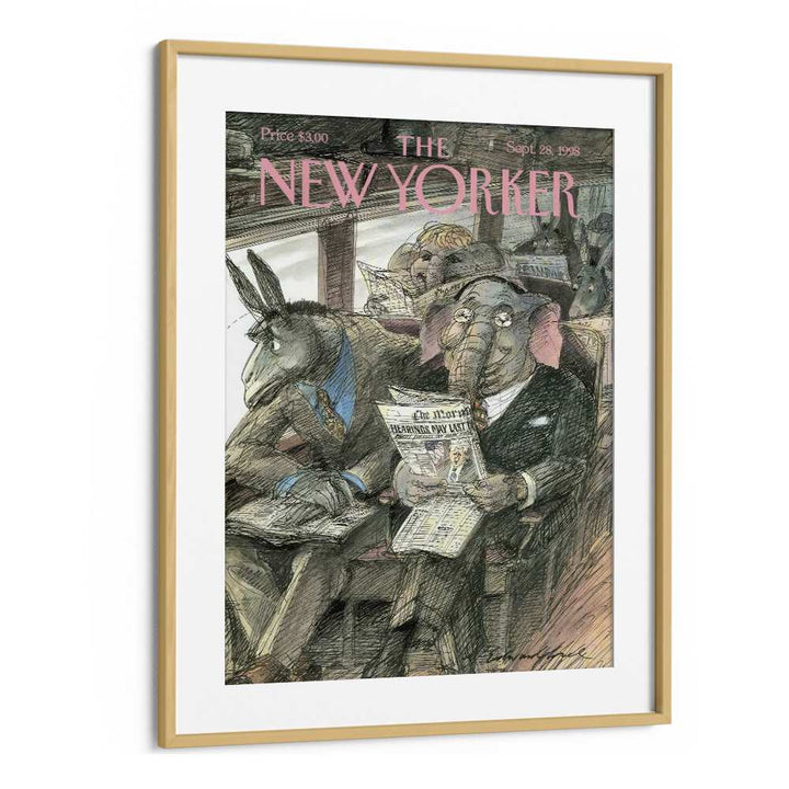Vintage Cover By Edward Sorel - New Yorker Magazine 28 Sep 1998 Artwork in Oak Wood Frame With Mount