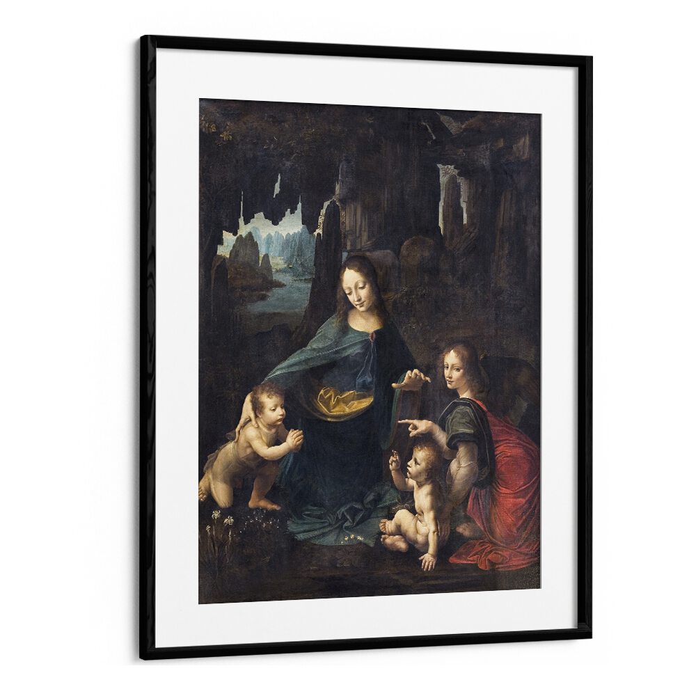 Virgin With The Rocks Leonardo Da Vinci art painting Artwork in Black Frame With Mount