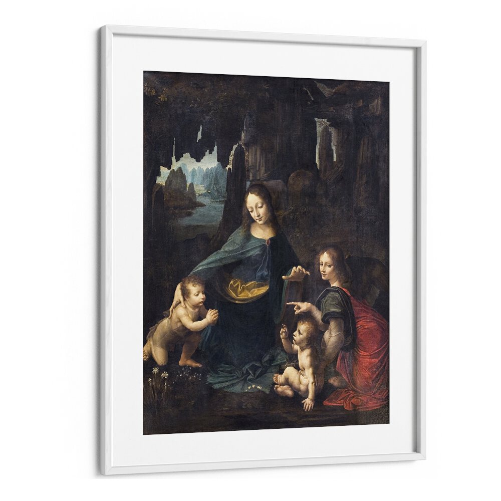 Virgin With The Rocks Leonardo Da Vinci art painting Artwork in White frame With Mount