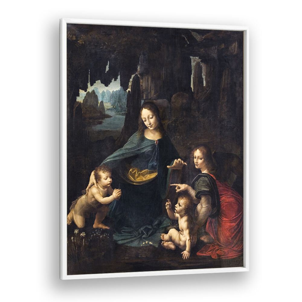 Virgin With The Rocks Leonardo Da Vinci art painting Artwork in White Plain Frame