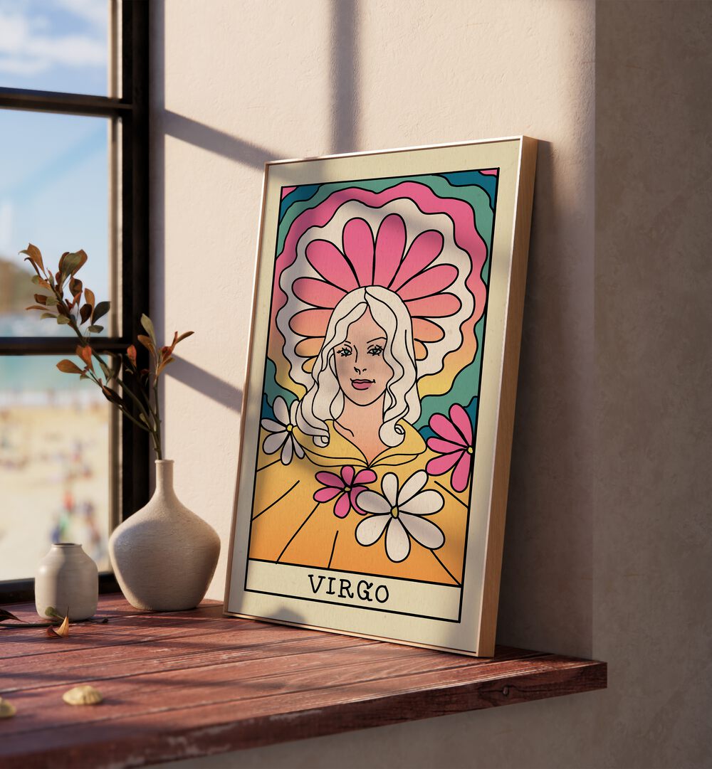 Virgo Zodiac & Tarot Art Painting Artwork in oakwood plain frame beside a window