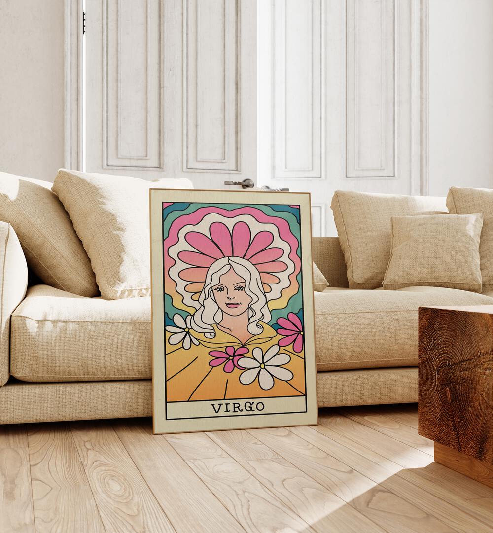 Virgo Zodiac & Tarot Art Painting Artwork in plain oakwood frame beside a sofa