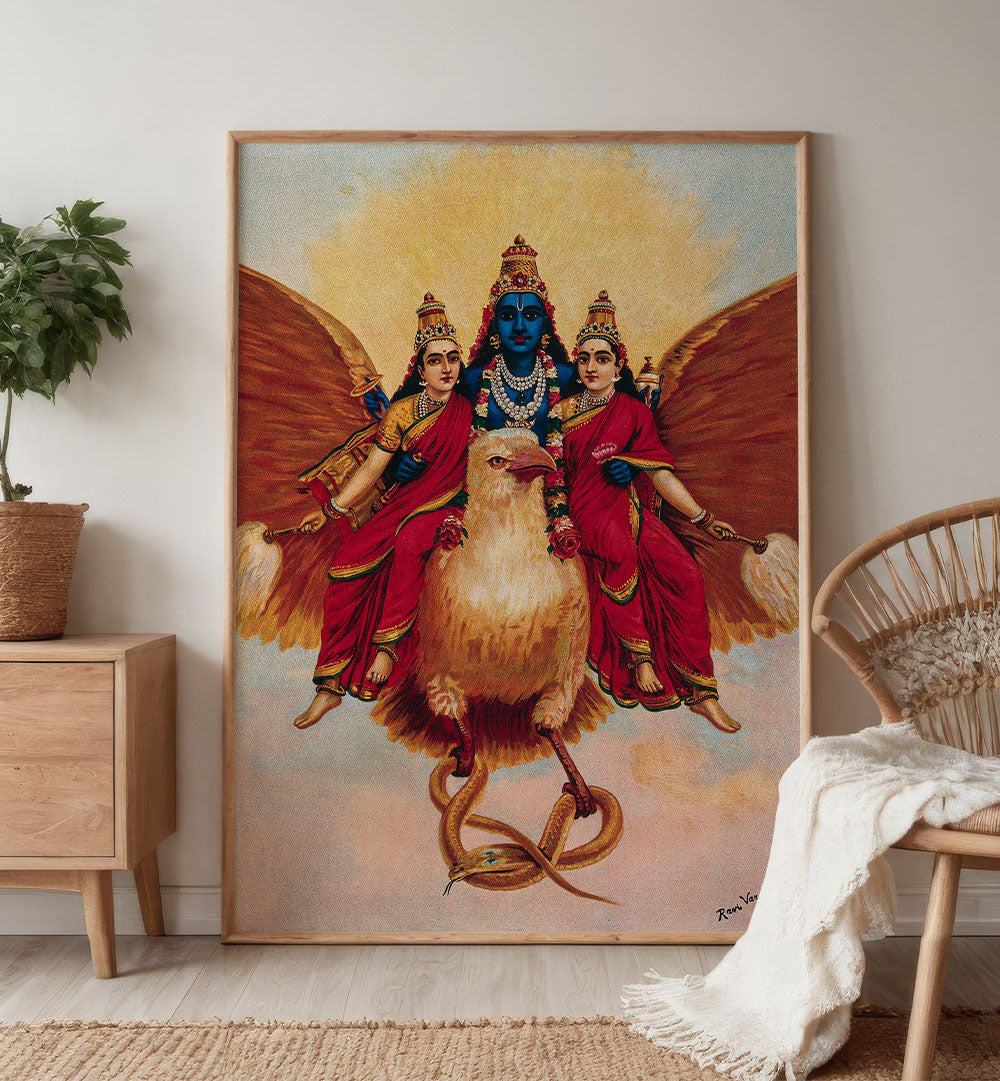 VISHNU ACCOMPANIED BY HIS WIVES RIDING ON GARUDA