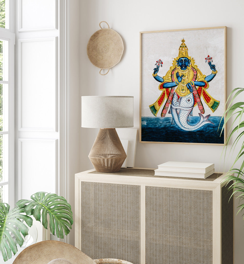 VISHNU IN HIS INCARNATION AS MATSYA , INDIAN ART PAINTINGS