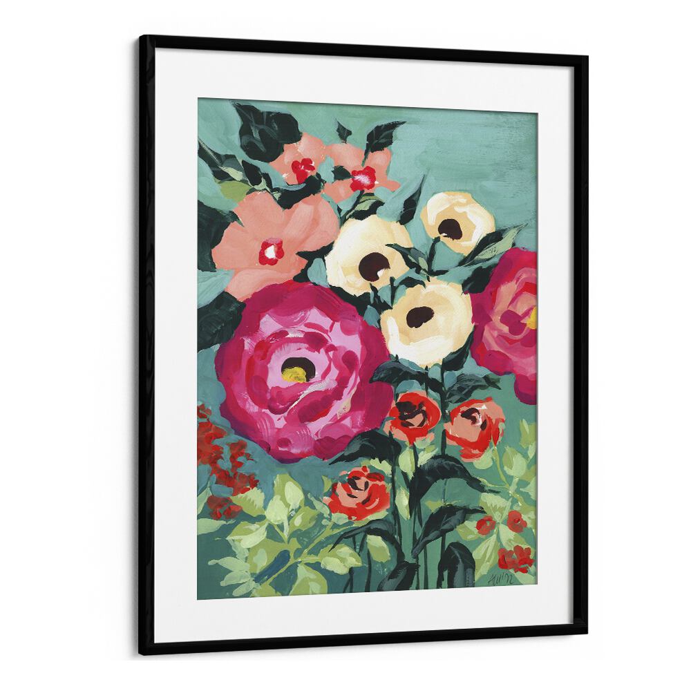 Viva Magenta Peonies   Botanical Flower Paintings Artwork  in Black Frame With Mount