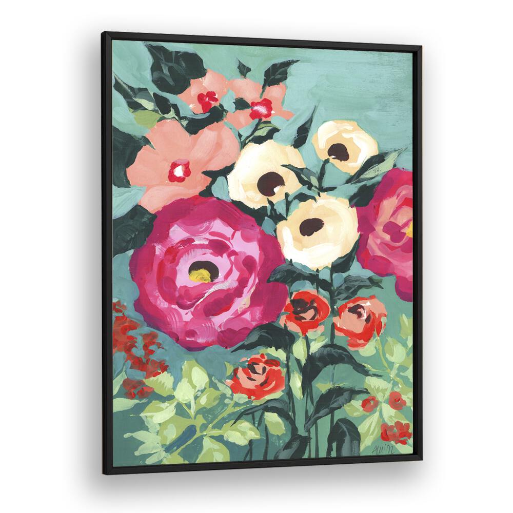 Viva Magenta Peonies  Botanical Flower Paintings Artwork  in Black Plain Frame