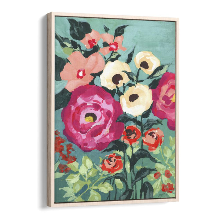 Viva Magenta Peonies  Botanical Flower Paintings Artwork in Oak Wood Floater Frame