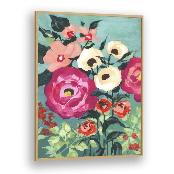 Viva Magenta Peonies  Botanical Flower Paintings Artwork in Oak Wood Plain Frame