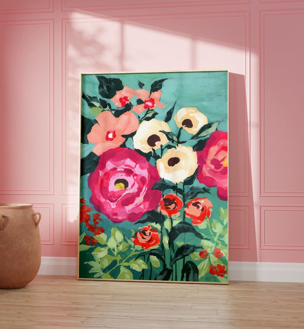 Viva Magenta Peonies  Botanical Flower Paintings Artwork Placed Near Wall