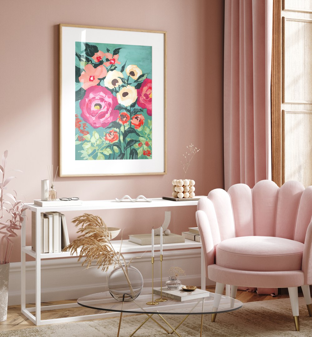 Viva Magenta Peonies  Botanical Flower Paintings Artwork Placed on a wall