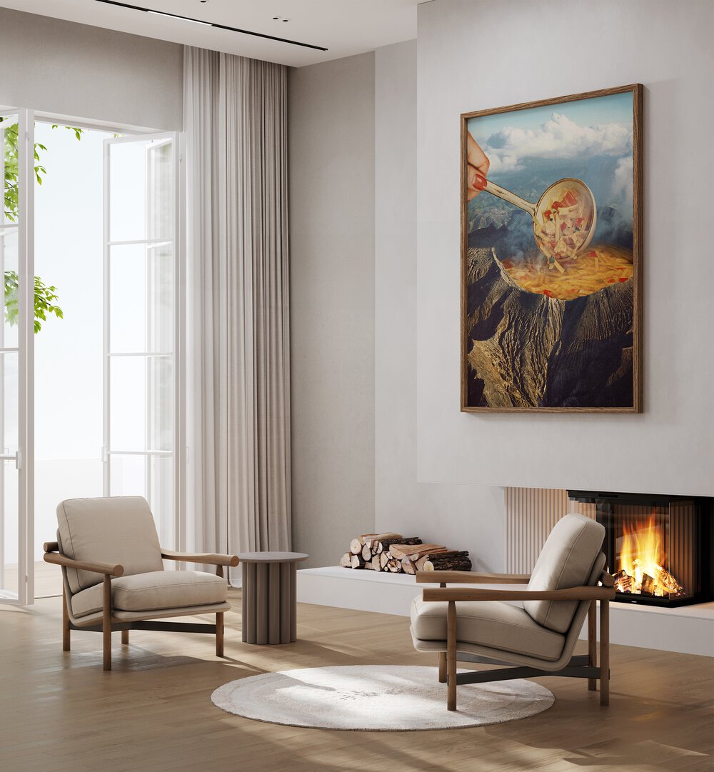 Volcanic Noodle Surreal Art Painting Artwork in plain oakwood frame above fire place on a white wall