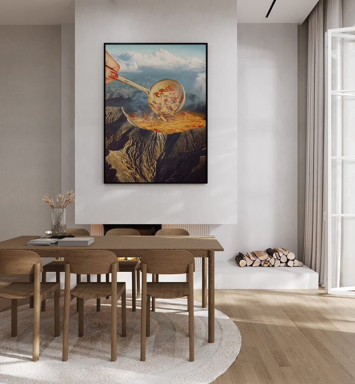 Volcanic Noodle Surreal Art Painting Artwork in plain black frame behind dining table for dining area