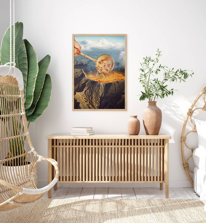 Volcanic Noodle Surreal Art Painting Artwork in plain oakwood frame above a console table on a white wall beside a plant