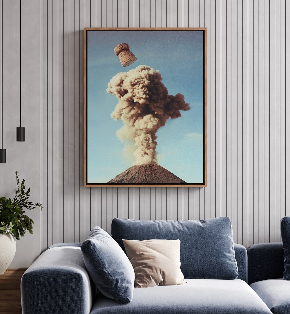 Volcanic Pop - Champagne Party Surreal Art Painting Artwork in oakwood floater frame behind soda on a white wall