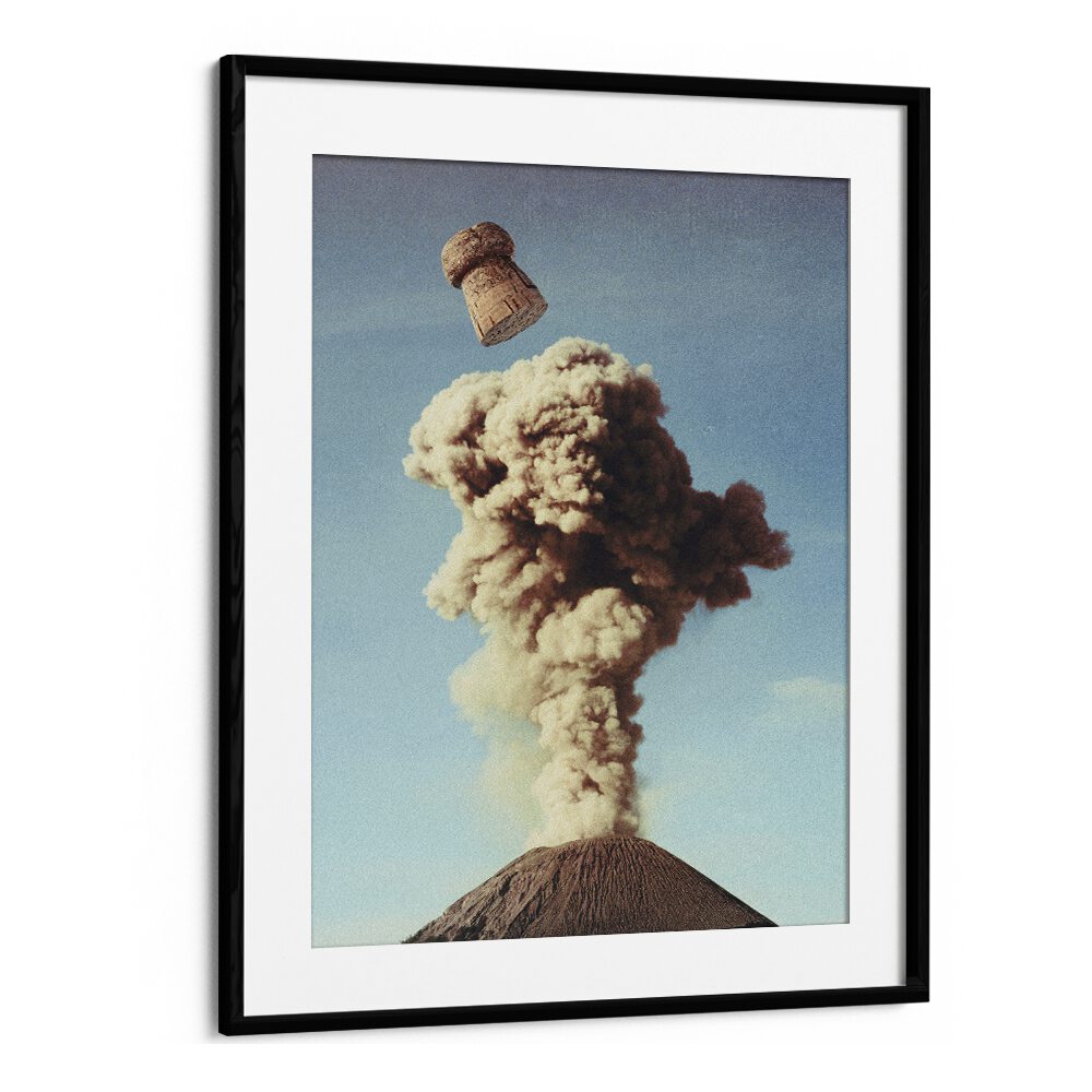 Volcanic Pop - Champagne Party Surreal Painting  Artwork in Black Frame With Mount