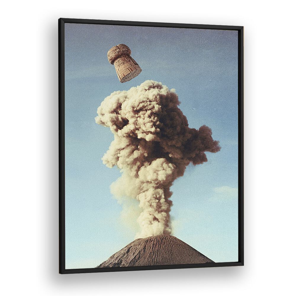 Volcanic Pop - Champagne Party Surreal Painting Artwork  in Black Plain Frame