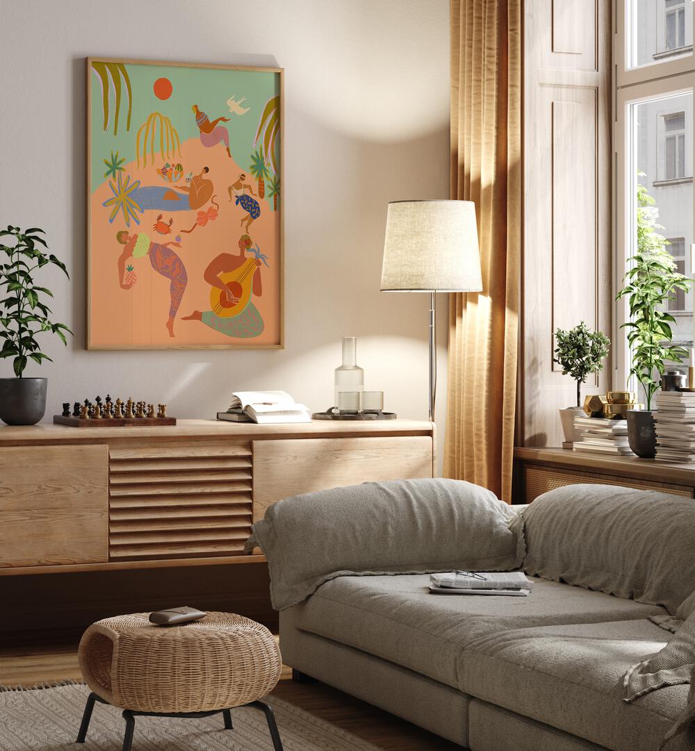 Vacation By Arty Guava Wall Art Prints in Oak Wood Plain Frame placed on a Cream Colored Wall above a Console Table near a Grey Sofa in the Living Room