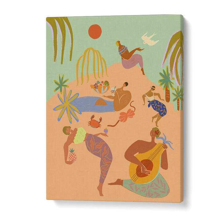 Colorful vacation scene featuring vibrant portraits and figures by Arty Guava, perfect for any artistic space.