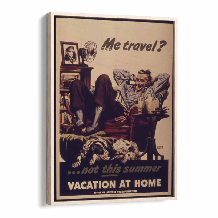 Vacation at Home  Retro Travel Posters in Oak Wood Floater Frame