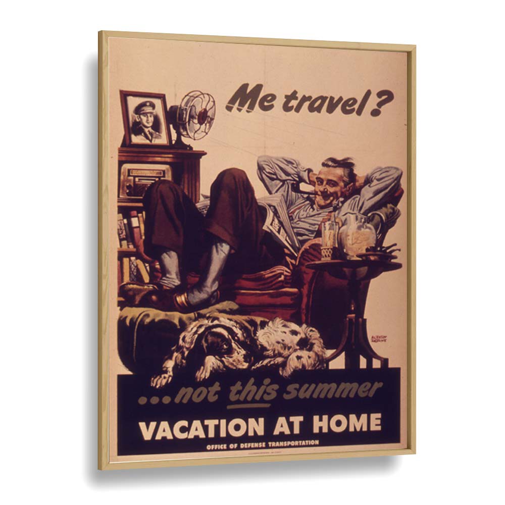 Vacation at Home  Retro Travel Posters in Oak Wood Plain Frame