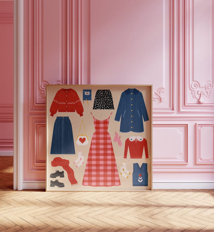 Valentines Outfits By Julia Leister Fashion Painting, Fashion Poster in Oak Wood Plain Frame placed on a wooden floor beside a window