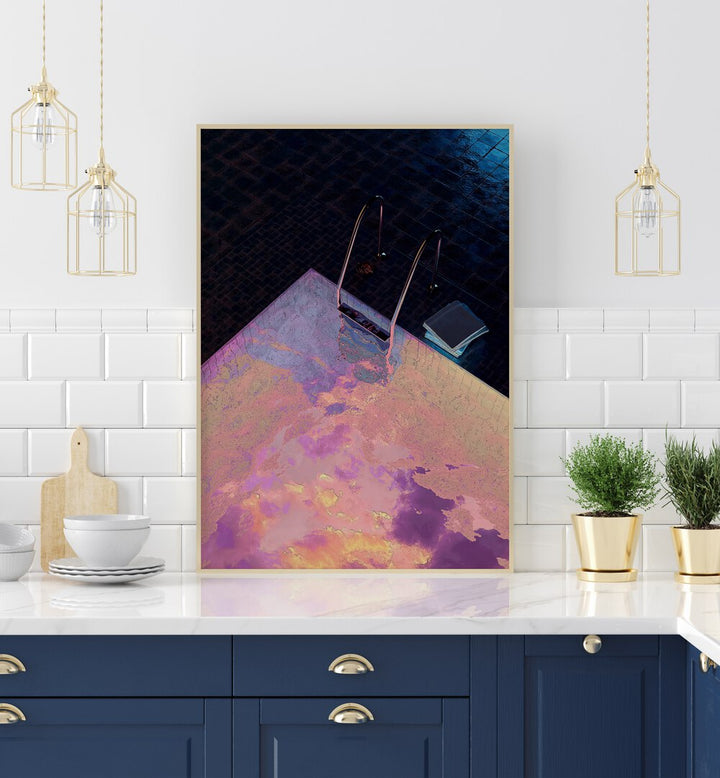 Vapor Pool I By Cosmo Zach Surreal Art Prints Surrealism in Oak Wood Plain Frame placed on kitchen counter for kitchen area