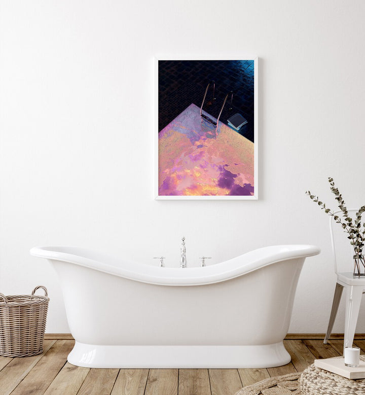 Vapor Pool I By Cosmo Zach Surreal Art Prints Surrealism in White Plain Frame placed on a bathroom wall behind a bathtub