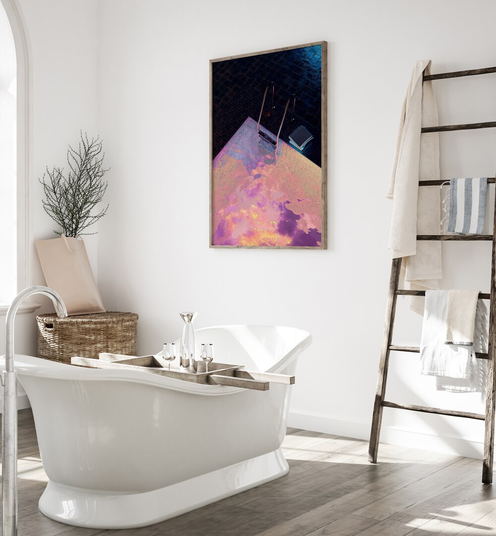 Vapor Pool I By Cosmo Zach Surreal Art Prints Surrealism in Oak Wood Plain Frame placed on a bathroom wall behind a bathtub