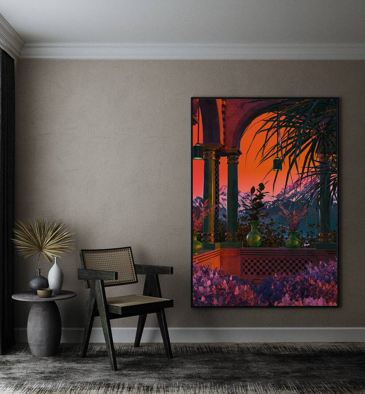 Vapor Pool Ii By Cosmo Zach Surreal Art Prints Surrealism in Black Plain Frame placed on a wall beside a chair