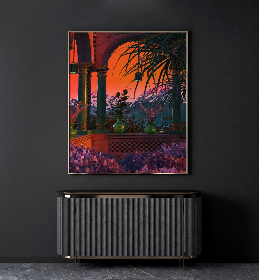 Vapor Pool Ii By Cosmo Zach Surreal Art Prints Surrealism in Oak Wood Plain Frame placed on a wall behind a console table