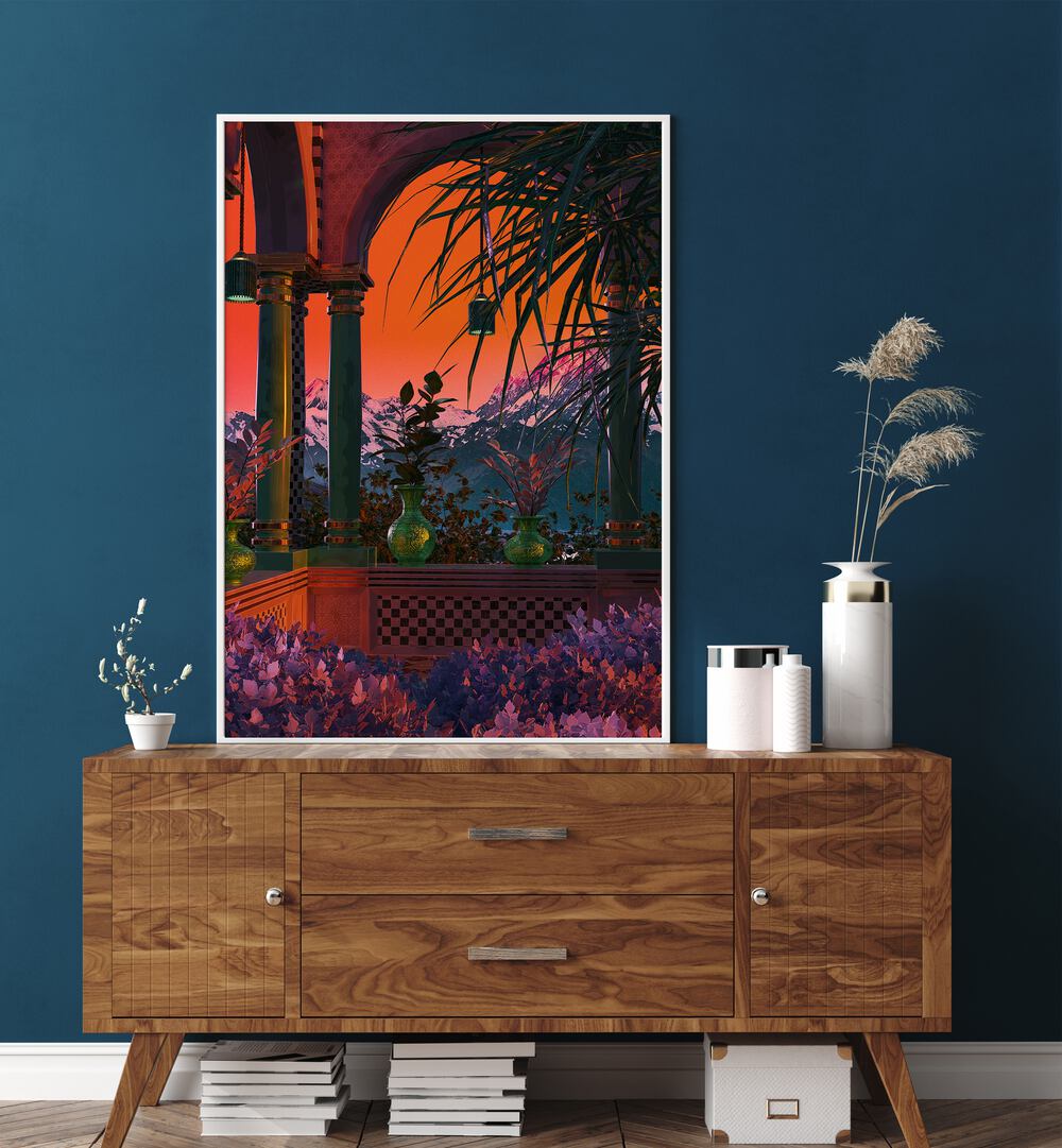 Vapor Pool Ii By Cosmo Zach Surreal Art Prints Surrealism in White Plain Frame placed on  a console table