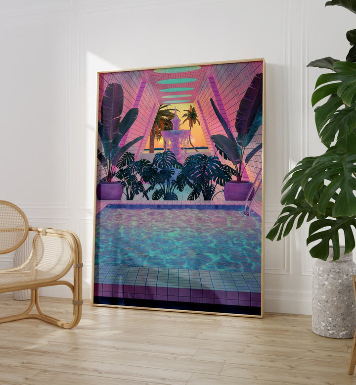 Vapor Pool iii By Cosmo Zach Surreal Art Prints Surrealism in Oak Wood Plain Frame placed on the floor between the chair and a plant