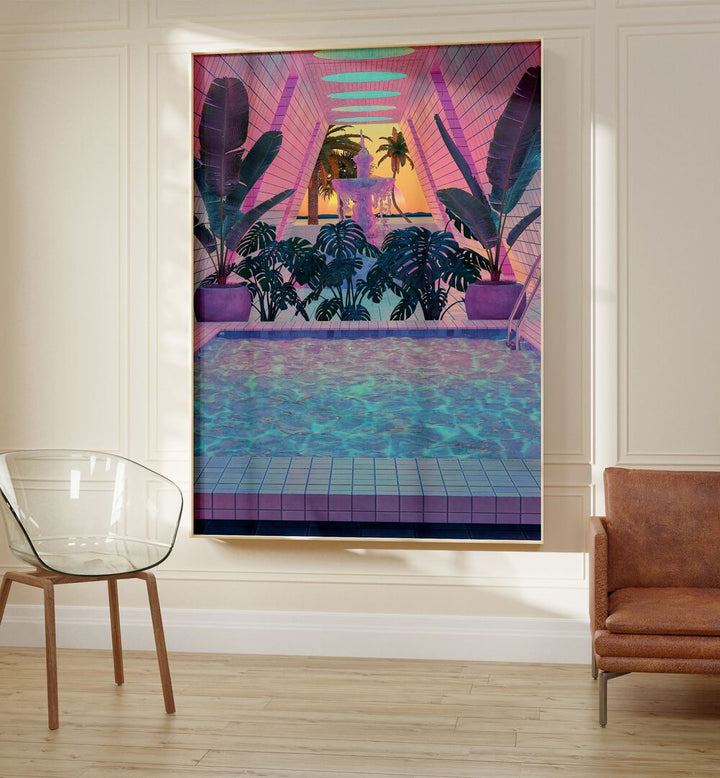 Vapor Pool iii By Cosmo Zach Surreal Art Prints Surrealism in Oak Wood Plain Frame placed on the wall between a chair and a sofa