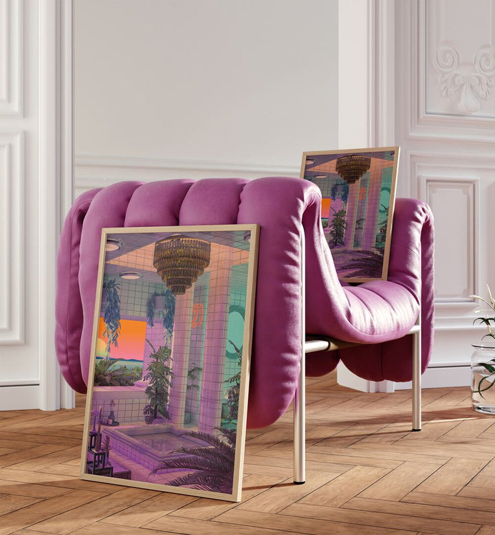 Vaporwave Pool By Cosmo Zach Surreal Art Prints Surrealism in Oak Wood Plain Frame placed on the floor beside a pink sofa and on the sofa