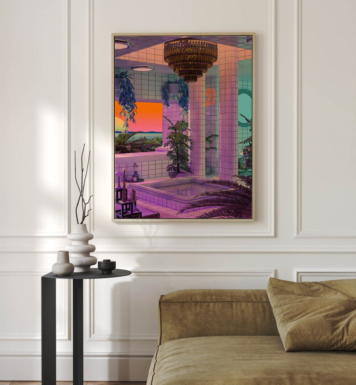 Vaporwave Pool By Cosmo Zach Surreal Art Prints Surrealism in Oak Wood Plain Frame placed on the white wall behind a sofa