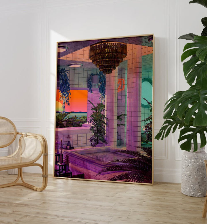 Vaporwave Pool By Cosmo Zach Surreal Art Prints Surrealism in Oak Wood Plain Frame placed on the floor between the chair and a plant