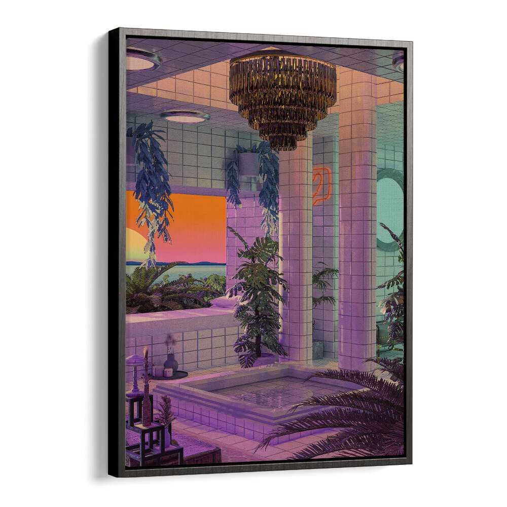 Vaporwave Pool By Cosmo Zach Surreal Art Prints in Black Floater Frame