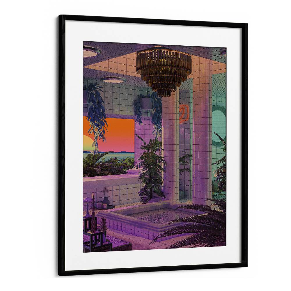 Vaporwave Pool By Cosmo Zach Surreal Art Prints in Black Frame With Mount