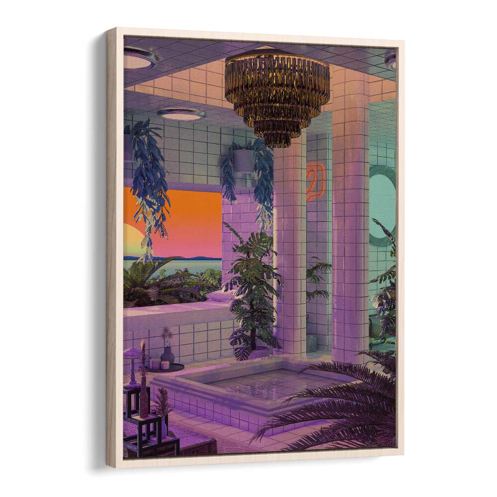 Vaporwave Pool By Cosmo Zach Surreal Art Prints in Oak Wood Floater Frame