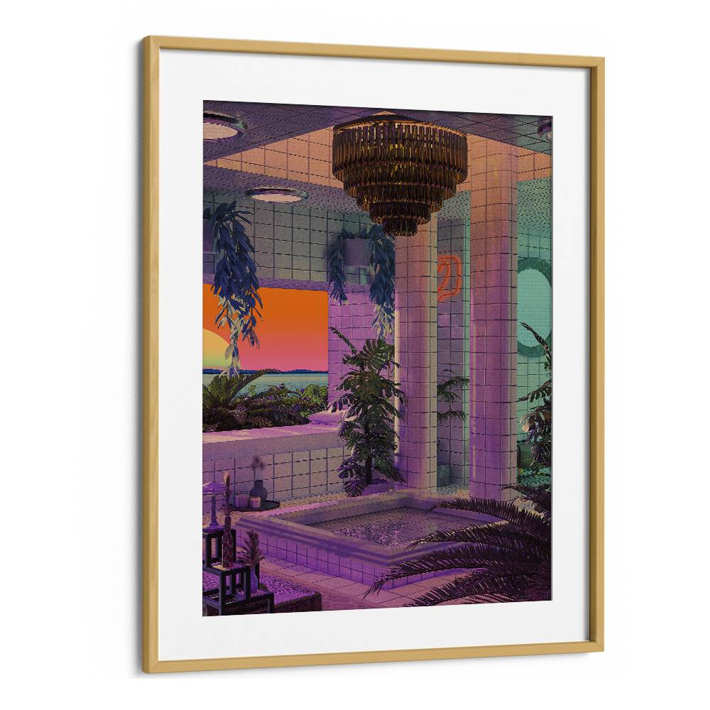 Vaporwave Pool By Cosmo Zach Surreal Art Prints in Oak Wood Frame With Mount