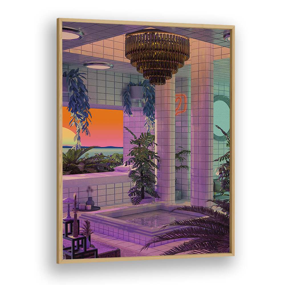 Vaporwave Pool By Cosmo Zach Surreal Art Prints in Oak Wood Plain Frame