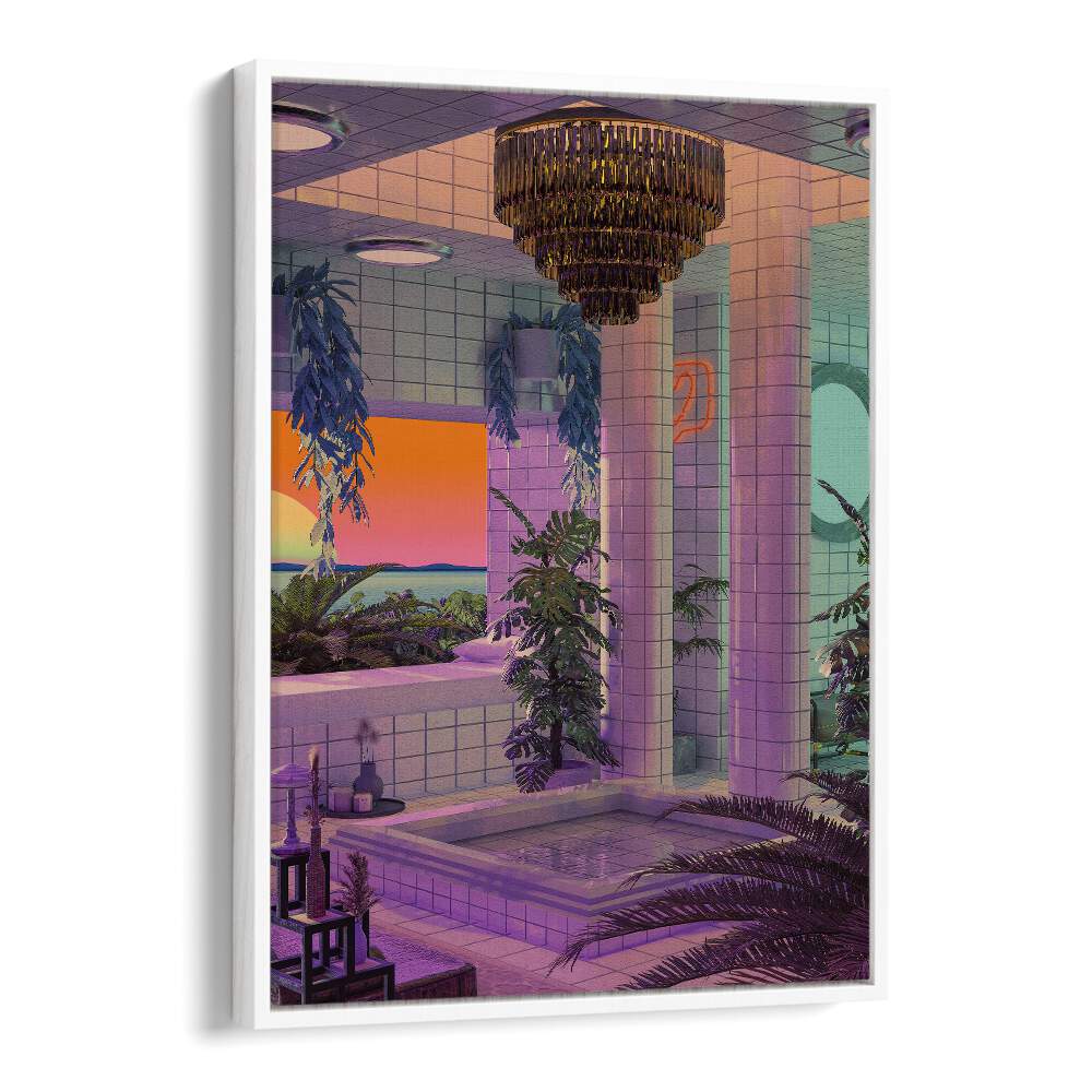 Vaporwave Pool By Cosmo Zach Surreal Art Prints in White Floater Frame