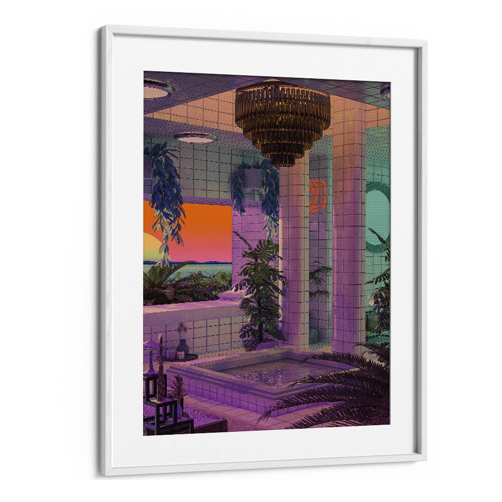 Vaporwave Pool By Cosmo Zach Surreal Art Prints in White Frame With Mount