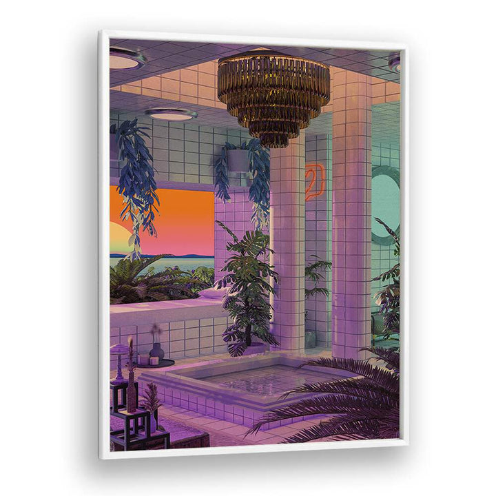 Vaporwave Pool By Cosmo Zach Surreal Art Prints in White Plain Frame