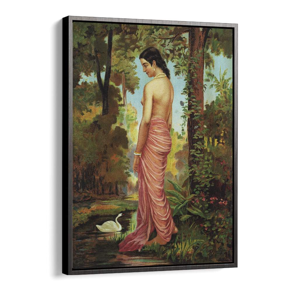 Varini Nymph By The River With A Swan By Raja Ravi Varma Indian Paintings in Black Floater Frame