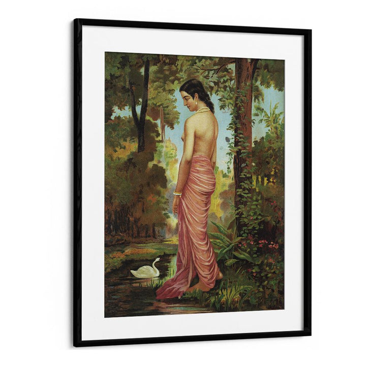 Varini Nymph By The River With A Swan By Raja Ravi Varma Indian Paintings in Black Frame With Mount