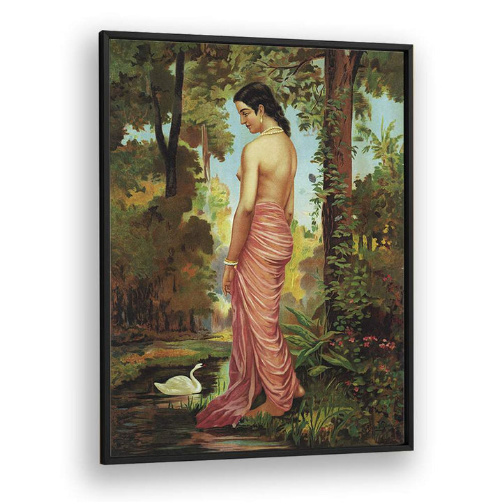 Varini Nymph By The River With A Swan By Raja Ravi Varma Indian Paintings in Black Plain Frame