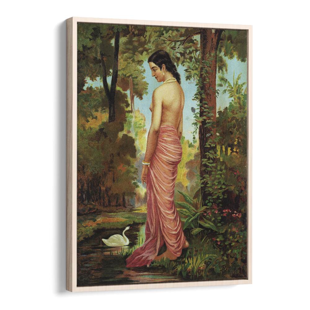 Varini Nymph By The River With A Swan By Raja Ravi Varma Indian Paintings in Oak Wood Floater Frame